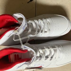 Red and white fila shoes